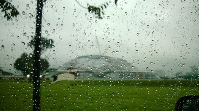 Singapore Sports Hub, rainy day.